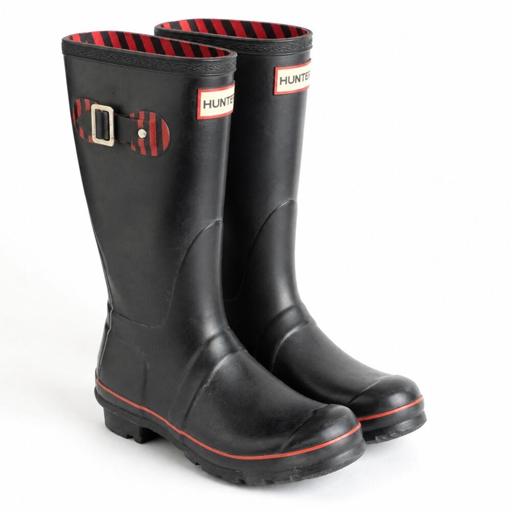Hunter Original Tall Black Rain Boots Womens Size 9 Red Stripe Buckle